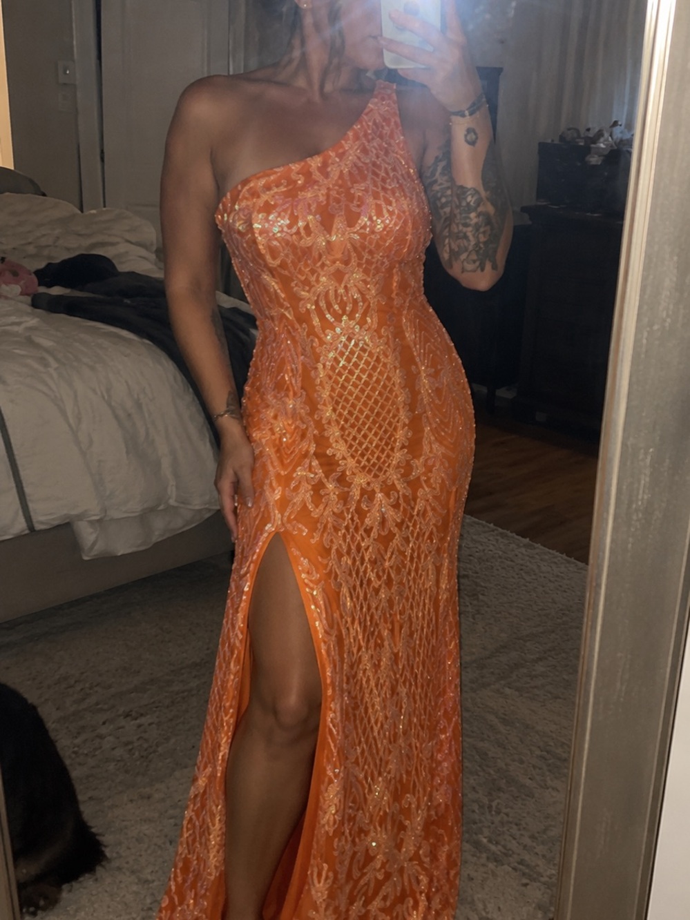 One-Shoulder Orange Sequin Gown with Side Slit